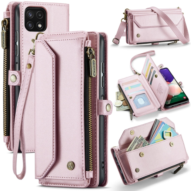 For Samsung Galaxy A22 5G CaseMe C36 Card Slots Zipper Wallet RFID Anti-theft Leather Phone Case(Pink)