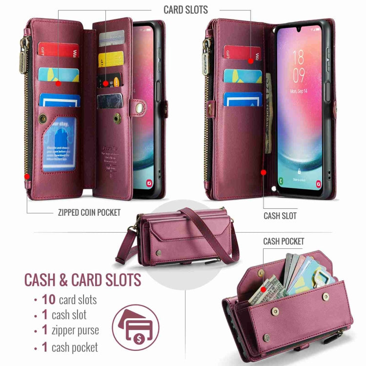 For Samsung Galaxy A24 CaseMe C36 Card Slots Zipper Wallet RFID Anti-theft Leather Phone Case(Wine Red)