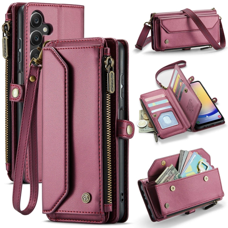 For Samsung Galaxy A25 CaseMe C36 Card Slots Zipper Wallet RFID Anti-theft Leather Phone Case(Wine Red)