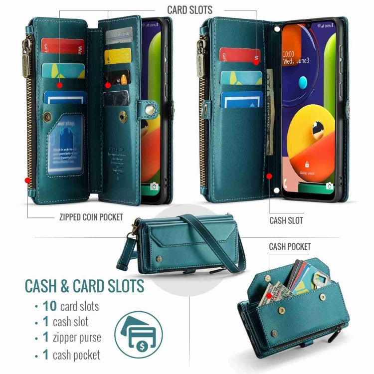 For Samsung Galaxy A30s / A50s / A50 CaseMe C36 Card Slots Zipper Wallet RFID Anti-theft Leather Phone Case(Blue-green)