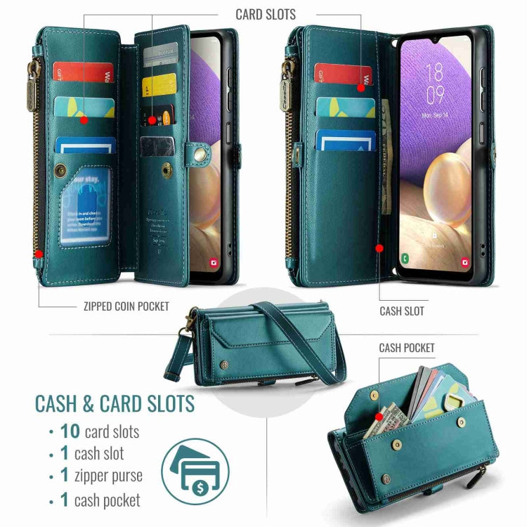 For Samsung Galaxy A32 5G CaseMe C36 Card Slots Zipper Wallet RFID Anti-theft Leather Phone Case(Blue-green)