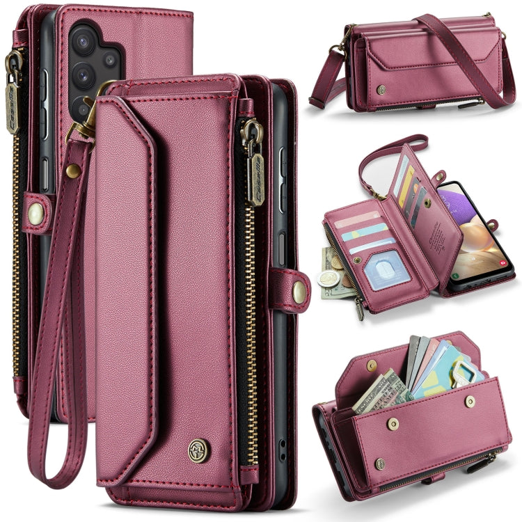 For Samsung Galaxy A32 5G CaseMe C36 Card Slots Zipper Wallet RFID Anti-theft Leather Phone Case(Wine Red)