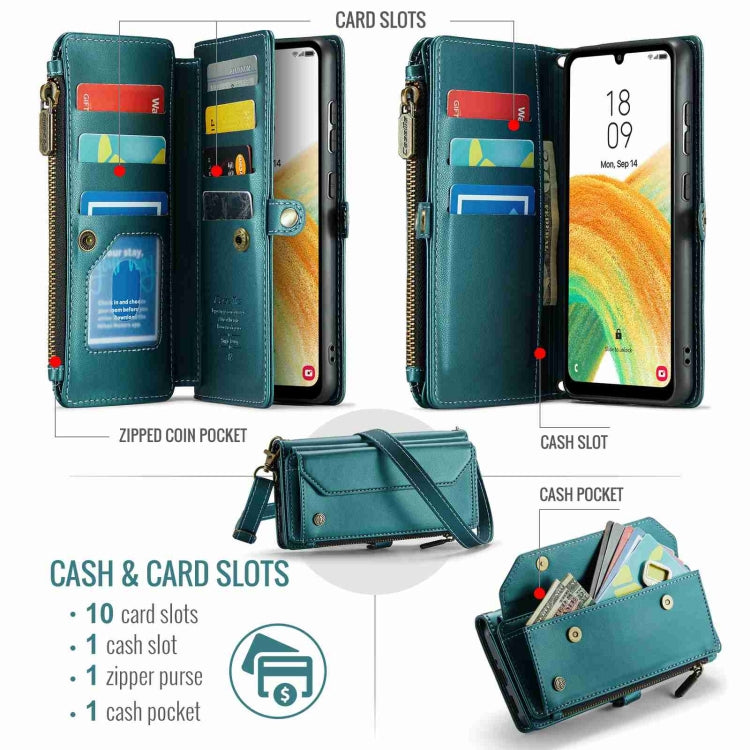 For Samsung Galaxy A33 5G CaseMe C36 Card Slots Zipper Wallet RFID Anti-theft Leather Phone Case(Blue-green)