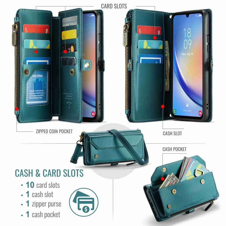 For Samsung Galaxy A34 5G CaseMe C36 Card Slots Zipper Wallet RFID Anti-theft Leather Phone Case(Blue-green)