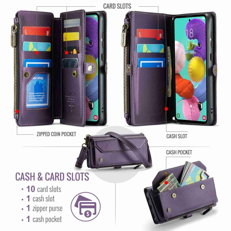 For Samsung Galaxy A51 4G CaseMe C36 Card Slots Zipper Wallet RFID Anti-theft Leather Phone Case(Purple)
