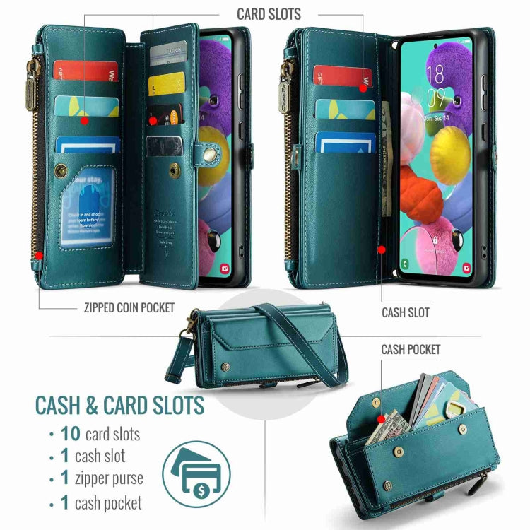 For Samsung Galaxy A51 4G CaseMe C36 Card Slots Zipper Wallet RFID Anti-theft Leather Phone Case(Blue-green)