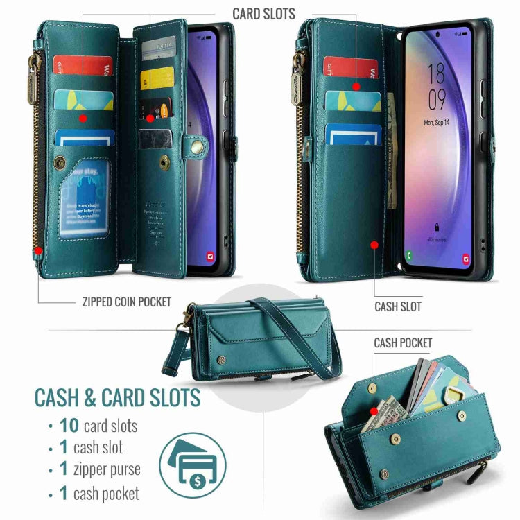 For Samsung Galaxy A54 5G CaseMe C36 Card Slots Zipper Wallet RFID Anti-theft Leather Phone Case(Blue-green)