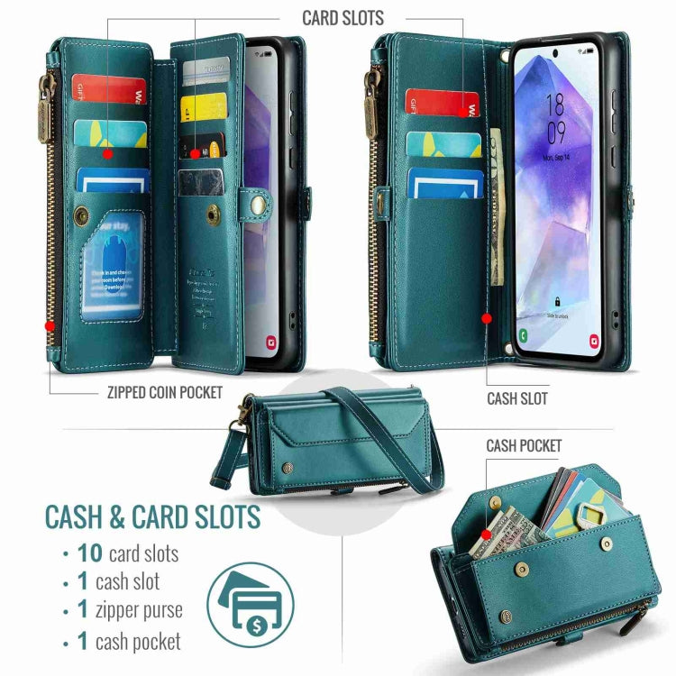 For Samsung Galaxy A55 5G CaseMe C36 Card Slots Zipper Wallet RFID Anti-theft Leather Phone Case(Blue-green)