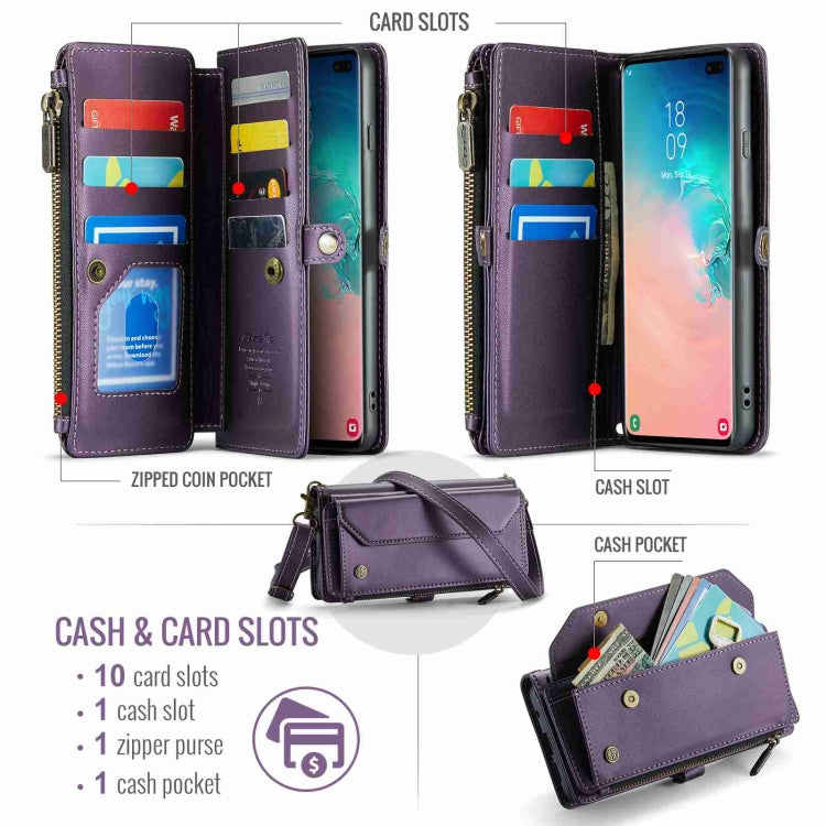 For Samsung Galaxy S10+ CaseMe C36 Card Slots Zipper Wallet RFID Anti-theft Leather Phone Case(Purple)