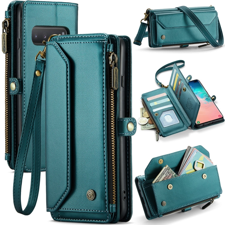 For Samsung Galaxy S10+ CaseMe C36 Card Slots Zipper Wallet RFID Anti-theft Leather Phone Case(Blue-green)