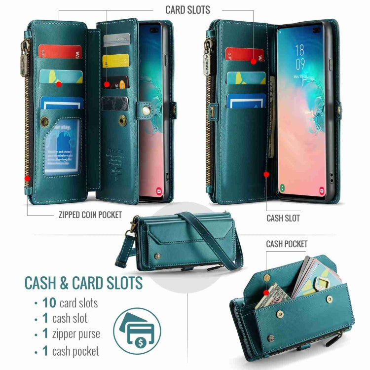 For Samsung Galaxy S10+ CaseMe C36 Card Slots Zipper Wallet RFID Anti-theft Leather Phone Case(Blue-green)