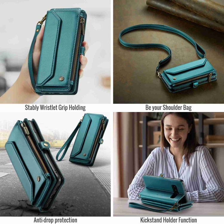 For Samsung Galaxy S10+ CaseMe C36 Card Slots Zipper Wallet RFID Anti-theft Leather Phone Case(Blue-green)