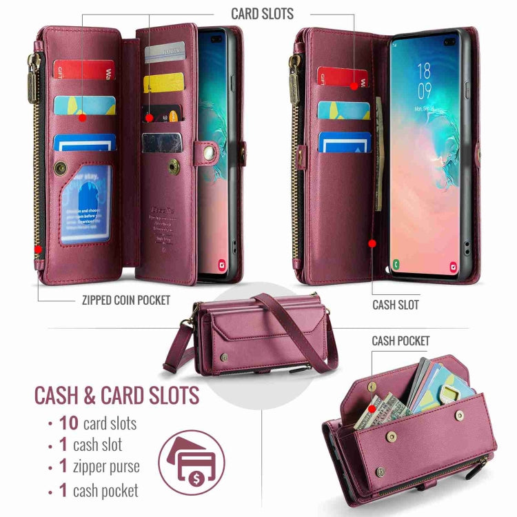 For Samsung Galaxy S10+ CaseMe C36 Card Slots Zipper Wallet RFID Anti-theft Leather Phone Case(Wine Red)