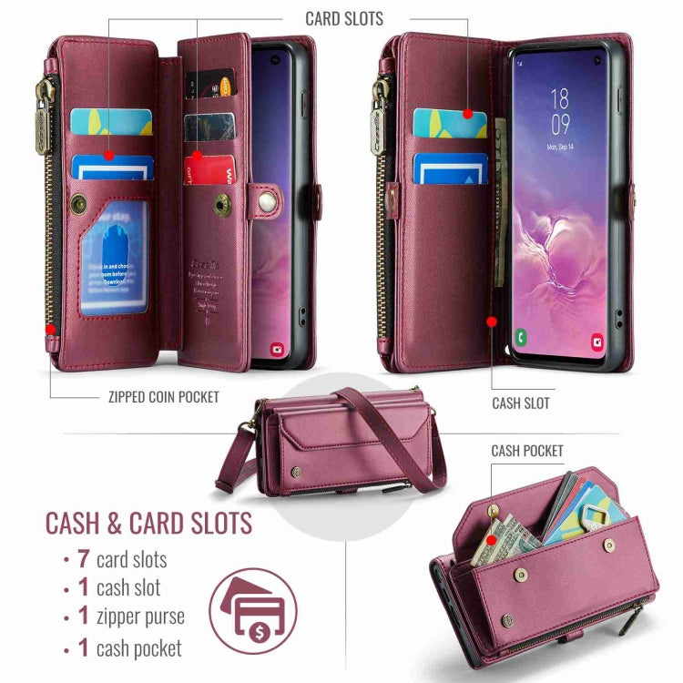 For Samsung Galaxy S10 CaseMe C36 Card Slots Zipper Wallet RFID Anti-theft Leather Phone Case(Wine Red)