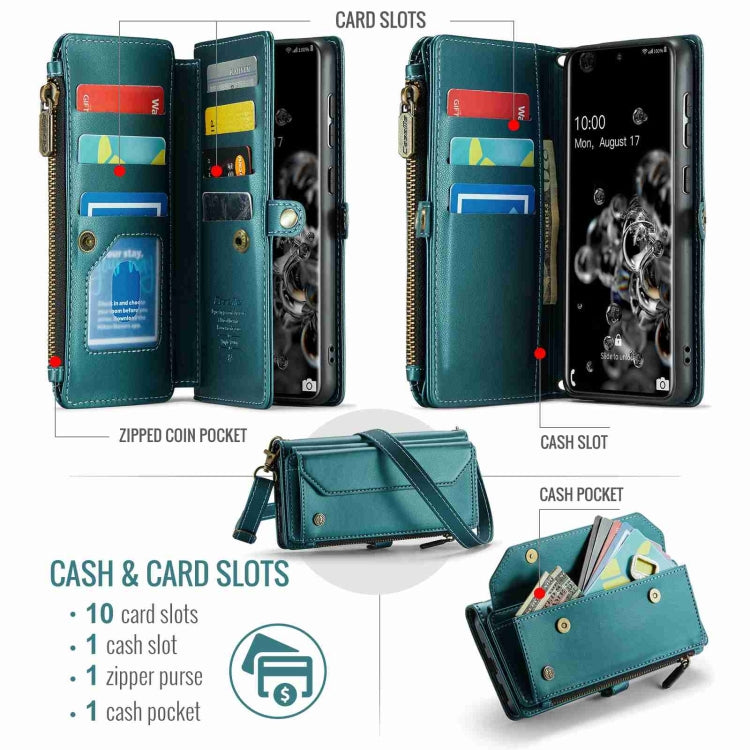 For Samsung Galaxy S20 Ultra CaseMe C36 Card Slots Zipper Wallet RFID Anti-theft Leather Phone Case(Blue-green)