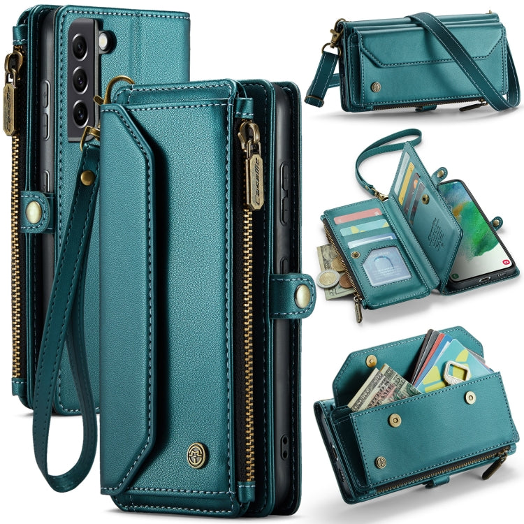 For Samsung Galaxy S21 FE 5G CaseMe C36 Card Slots Zipper Wallet RFID Anti-theft Leather Phone Case(Blue-green)