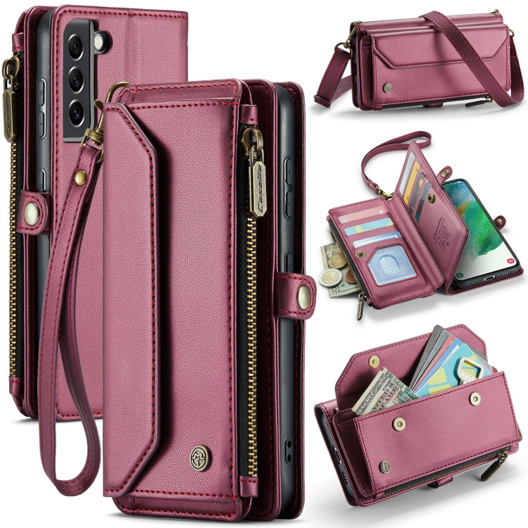 For Samsung Galaxy S21 FE 5G CaseMe C36 Card Slots Zipper Wallet RFID Anti-theft Leather Phone Case(Wine Red)