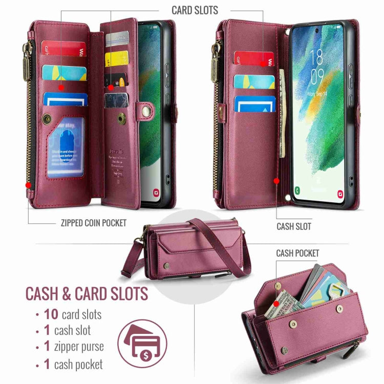 For Samsung Galaxy S21 FE 5G CaseMe C36 Card Slots Zipper Wallet RFID Anti-theft Leather Phone Case(Wine Red)
