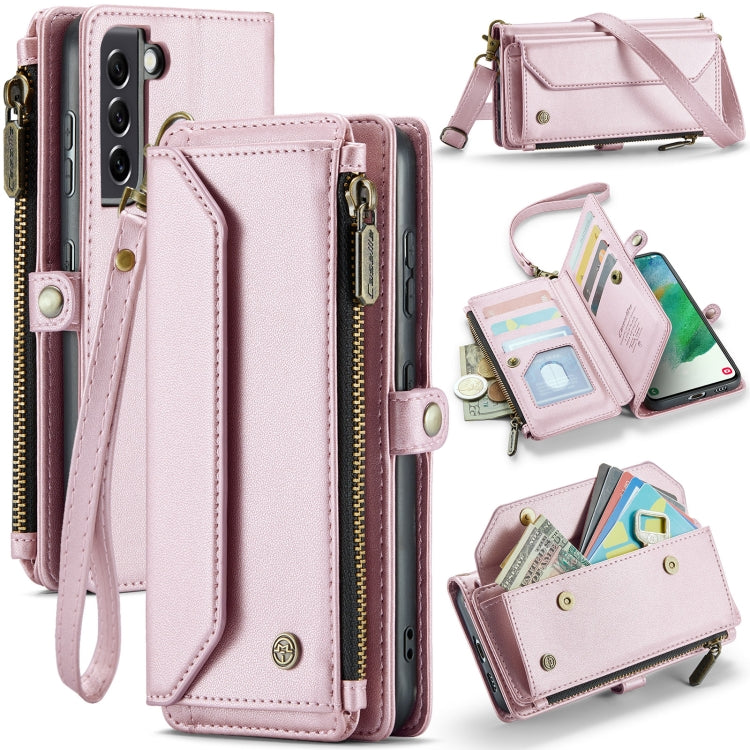 For Samsung Galaxy S21 FE 5G CaseMe C36 Card Slots Zipper Wallet RFID Anti-theft Leather Phone Case(Pink)