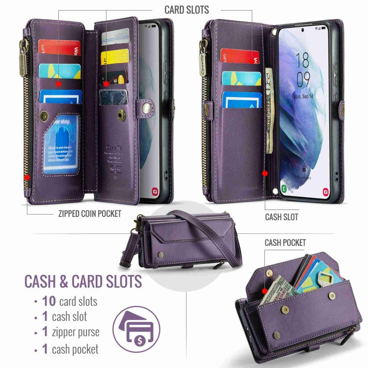 For Samsung Galaxy S21+ 5G CaseMe C36 Card Slots Zipper Wallet RFID Anti-theft Leather Phone Case(Purple)