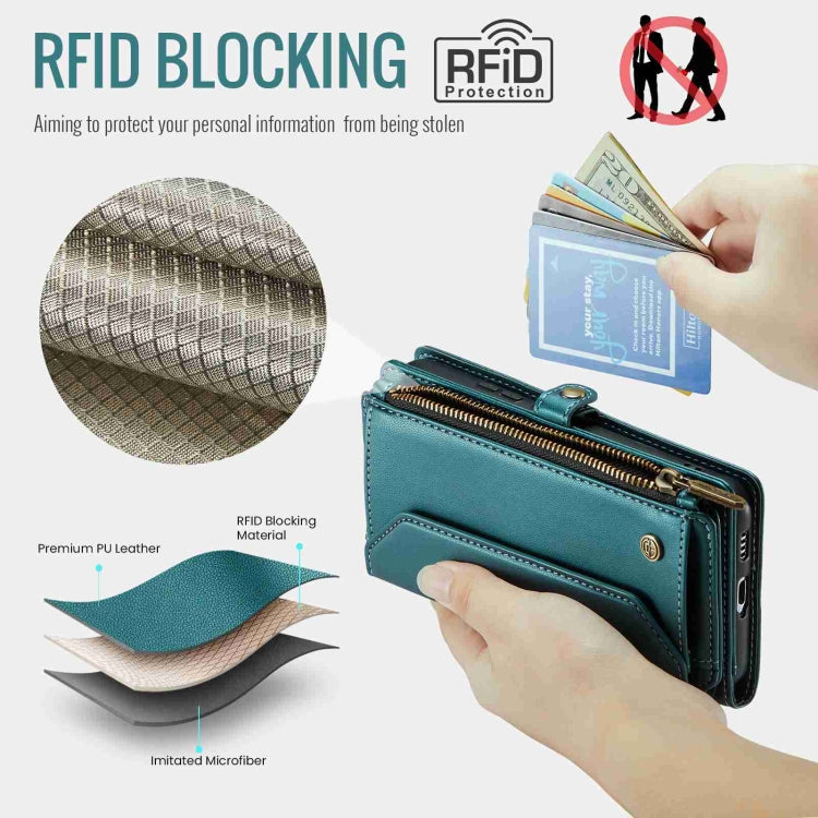 For Samsung Galaxy S21+ 5G CaseMe C36 Card Slots Zipper Wallet RFID Anti-theft Leather Phone Case(Blue-green)
