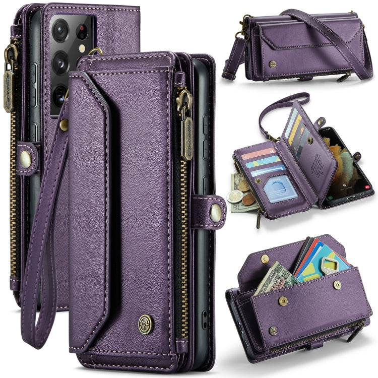 For Samsung Galaxy S21 Ultra 5G CaseMe C36 Card Slots Zipper Wallet RFID Anti-theft Leather Phone Case(Purple)