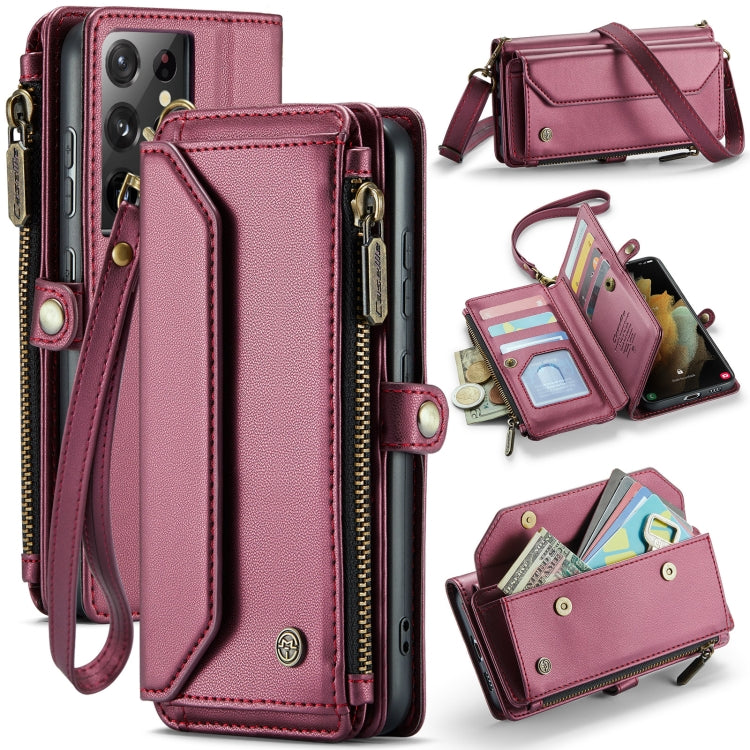 For Samsung Galaxy S21 Ultra 5G CaseMe C36 Card Slots Zipper Wallet RFID Anti-theft Leather Phone Case(Wine Red)