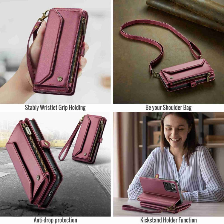 For Samsung Galaxy S21 Ultra 5G CaseMe C36 Card Slots Zipper Wallet RFID Anti-theft Leather Phone Case(Wine Red)
