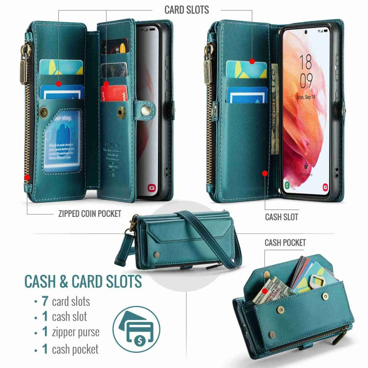 For Samsung Galaxy S21 5G CaseMe C36 Card Slots Zipper Wallet RFID Anti-theft Leather Phone Case(Blue-green)