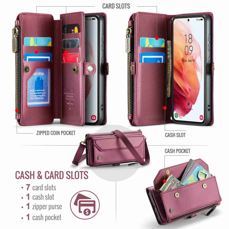 For Samsung Galaxy S21 5G CaseMe C36 Card Slots Zipper Wallet RFID Anti-theft Leather Phone Case(Wine Red)