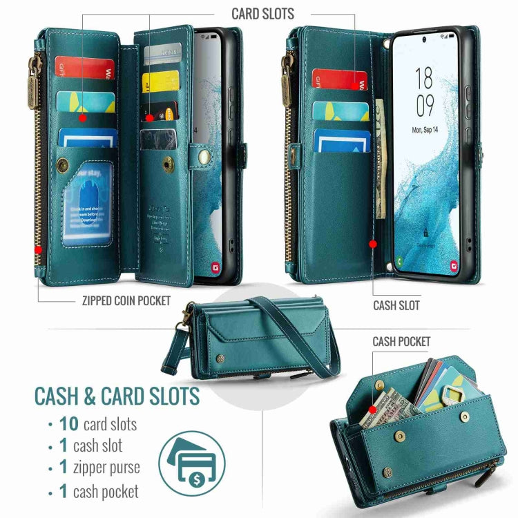 For Samsung Galaxy S22+ 5G CaseMe C36 Card Slots Zipper Wallet RFID Anti-theft Leather Phone Case(Blue-green)