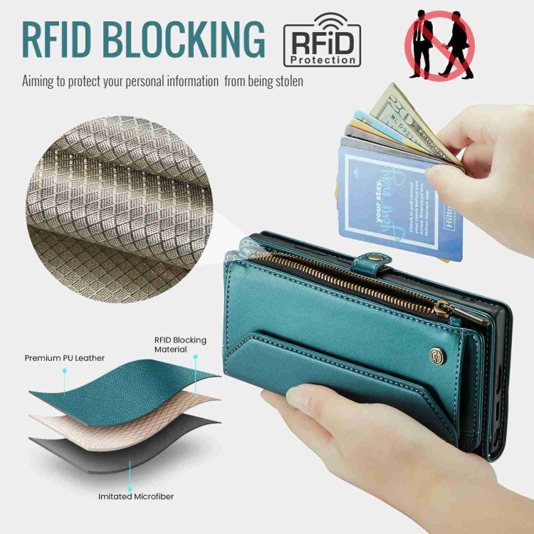 For Samsung Galaxy S22 Ultra 5G CaseMe C36 Card Slots Zipper Wallet RFID Anti-theft Leather Phone Case(Blue-green)