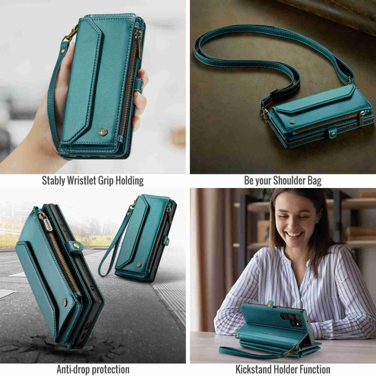 For Samsung Galaxy S22 Ultra 5G CaseMe C36 Card Slots Zipper Wallet RFID Anti-theft Leather Phone Case(Blue-green) - free shipping - PMC Jewellery - Order now!