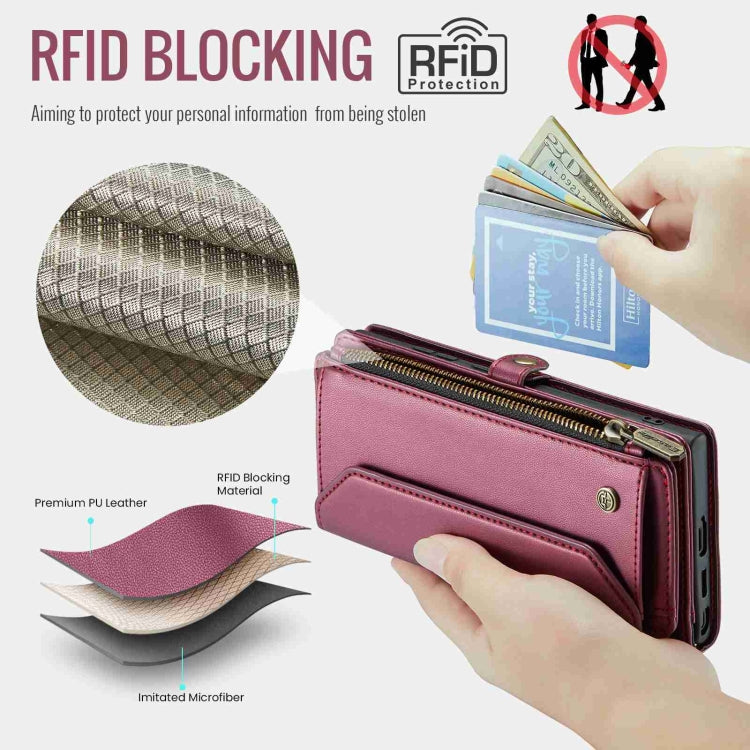 For Samsung Galaxy S22 Ultra 5G CaseMe C36 Card Slots Zipper Wallet RFID Anti-theft Leather Phone Case(Wine Red)