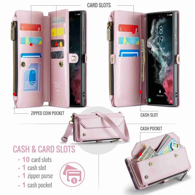 For Samsung Galaxy S22 Ultra 5G CaseMe C36 Card Slots Zipper Wallet RFID Anti-theft Leather Phone Case(Pink)