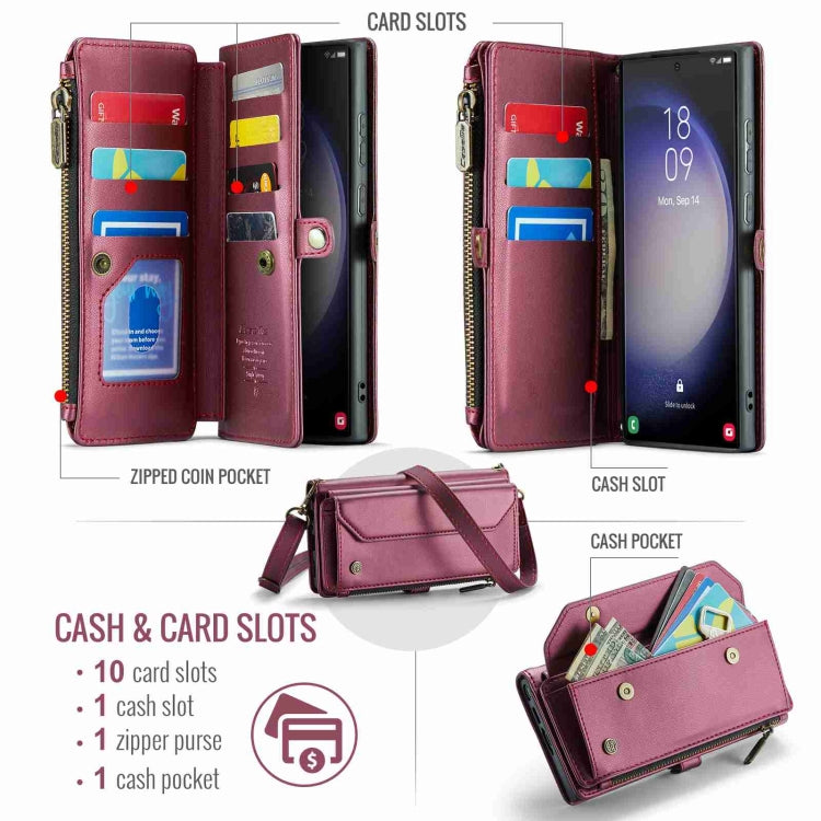 For Samsung Galaxy S23 Ultra 5G CaseMe C36 Card Slots Zipper Wallet RFID Anti-theft Leather Phone Case(Wine Red)
