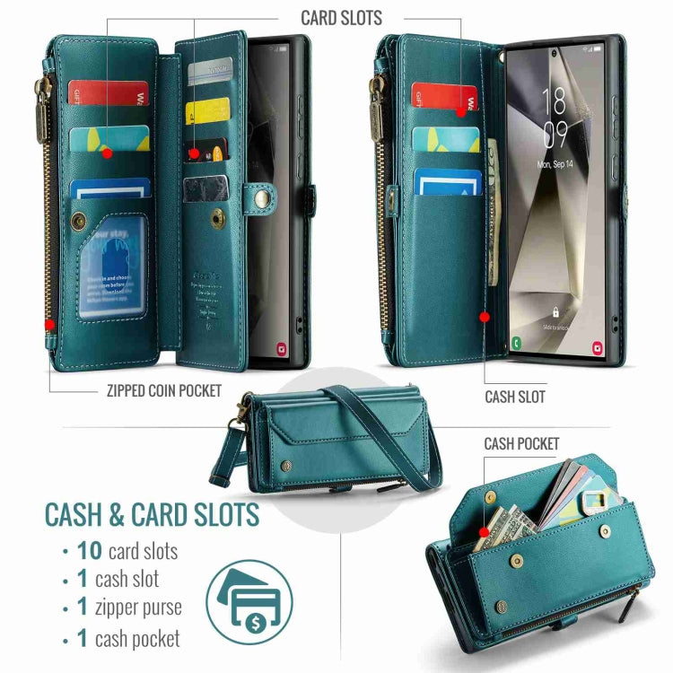 For Samsung Galaxy S24 Ultra 5G CaseMe C36 Card Slots Zipper Wallet RFID Anti-theft Leather Phone Case(Blue-green)