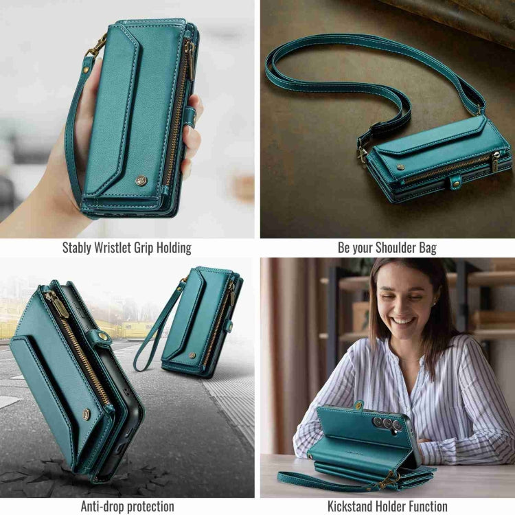 For Samsung Galaxy S24+ 5G CaseMe C36 Card Slots Zipper Wallet RFID Anti-theft Leather Phone Case(Blue-green)