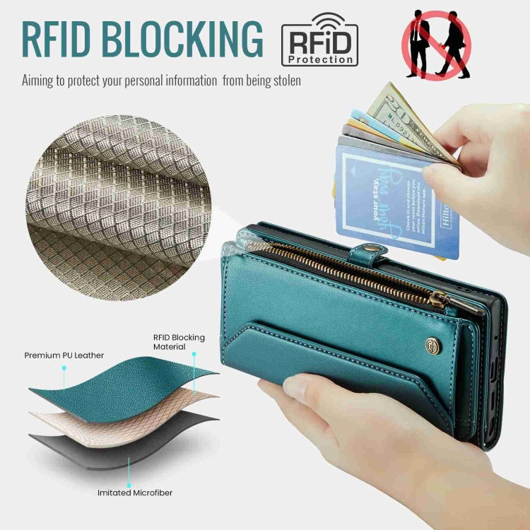 For Samsung Galaxy Note10+ CaseMe C36 Card Slots Zipper Wallet RFID Anti-theft Leather Phone Case(Blue-green)