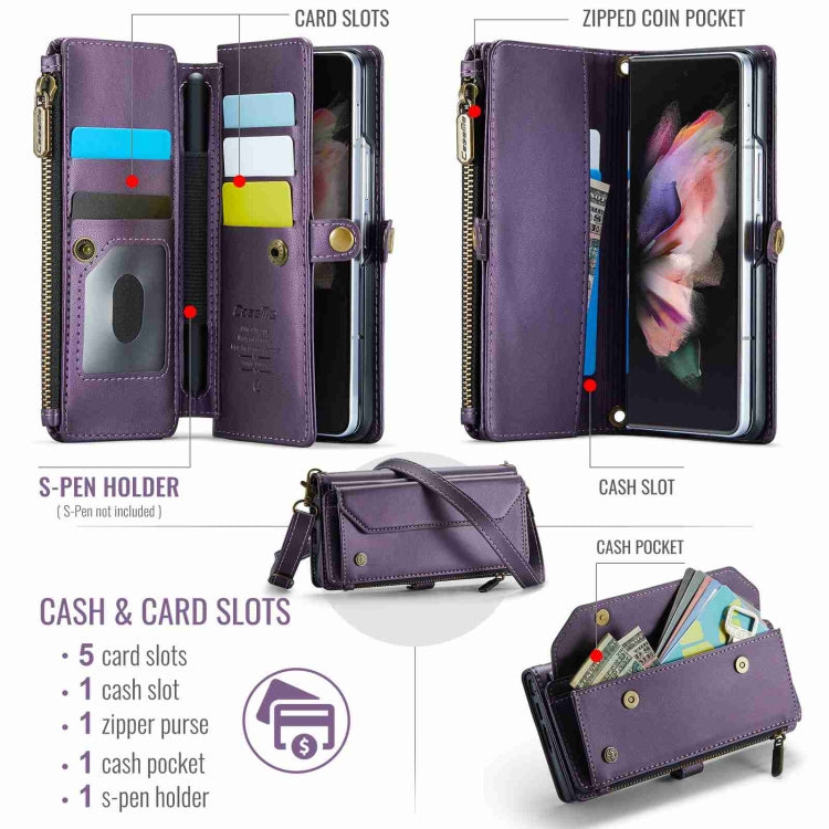 For Samsung Galaxy Z Fold3 CaseMe C36 Card Slots Zipper Wallet RFID Anti-theft Leather Phone Case(Purple)