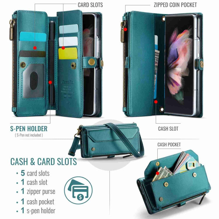 For Samsung Galaxy Z Fold3 CaseMe C36 Card Slots Zipper Wallet RFID Anti-theft Leather Phone Case(Blue-green)