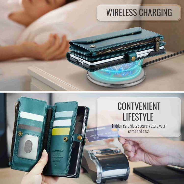 For Samsung Galaxy Z Fold3 CaseMe C36 Card Slots Zipper Wallet RFID Anti-theft Leather Phone Case(Blue-green)