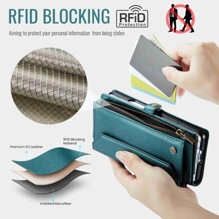For Samsung Galaxy Z Fold3 CaseMe C36 Card Slots Zipper Wallet RFID Anti-theft Leather Phone Case(Blue-green)