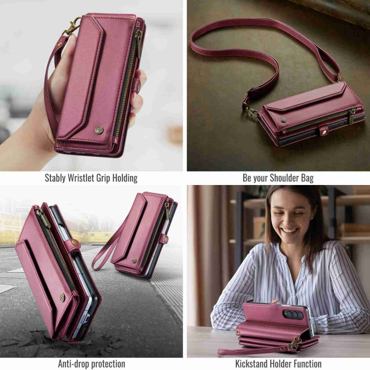 For Samsung Galaxy Z Fold3 CaseMe C36 Card Slots Zipper Wallet RFID Anti-theft Leather Phone Case(Wine Red)