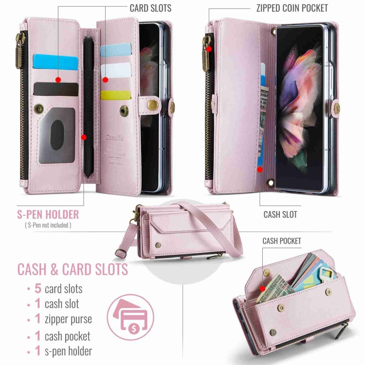 For Samsung Galaxy Z Fold3 CaseMe C36 Card Slots Zipper Wallet RFID Anti-theft Leather Phone Case(Pink)
