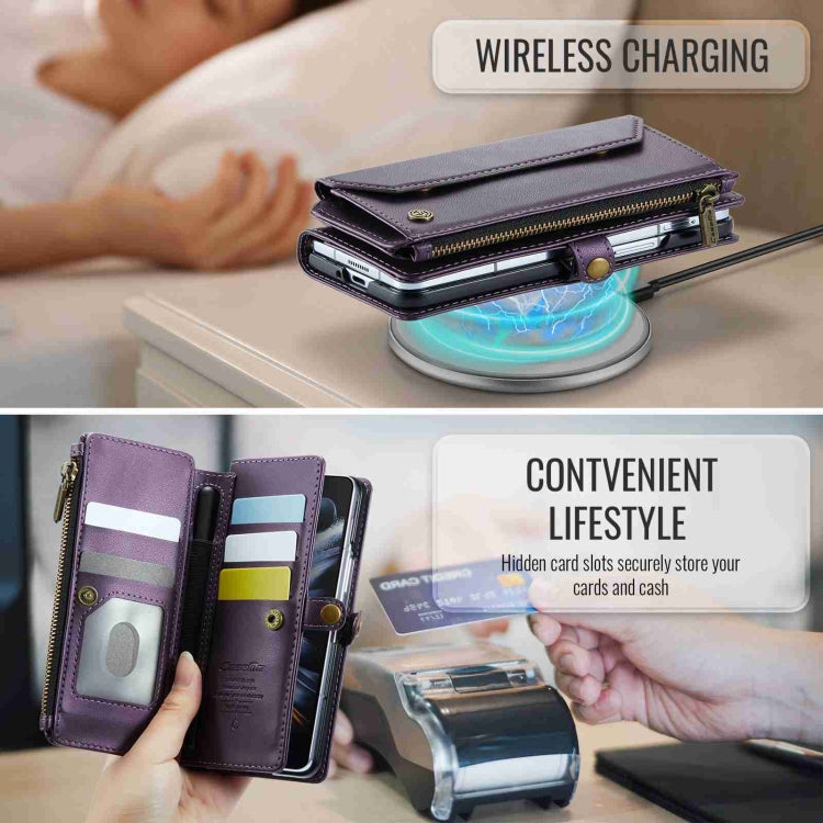 For Samsung Galaxy Z Fold4 CaseMe C36 Card Slots Zipper Wallet RFID Anti-theft Leather Phone Case(Purple)