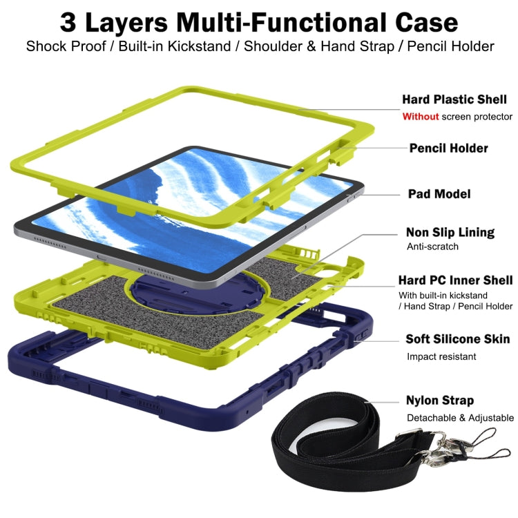 For iPad Air 11 2024 / Air 2022 10.9 360 Degree Rotation PC Contrast Silicone Tablet Case(Navy Blue + Yellow Green)