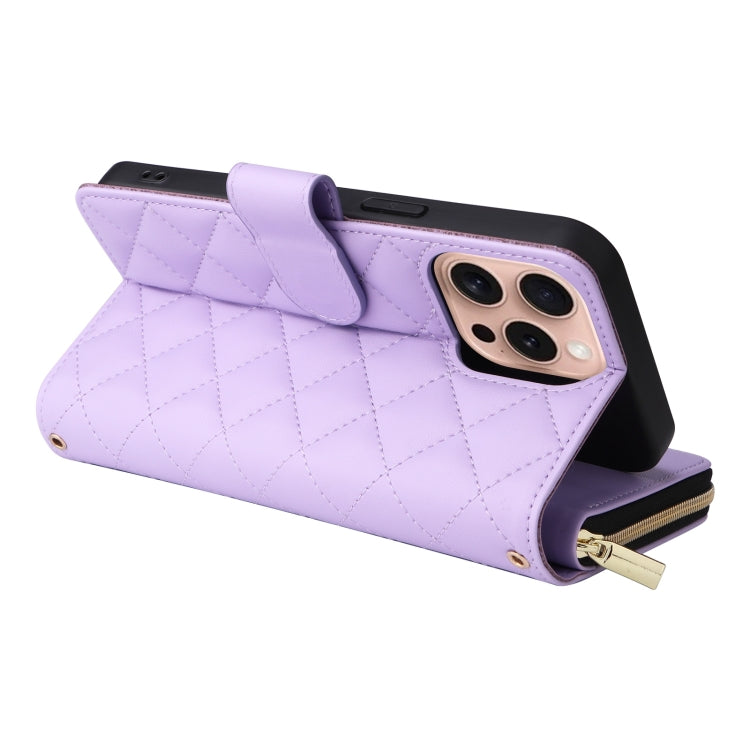 For iPhone 16 Pro Crossbody Rhombic Zipper Tower Buckle Leather Phone Case with Lanyard(Purple)