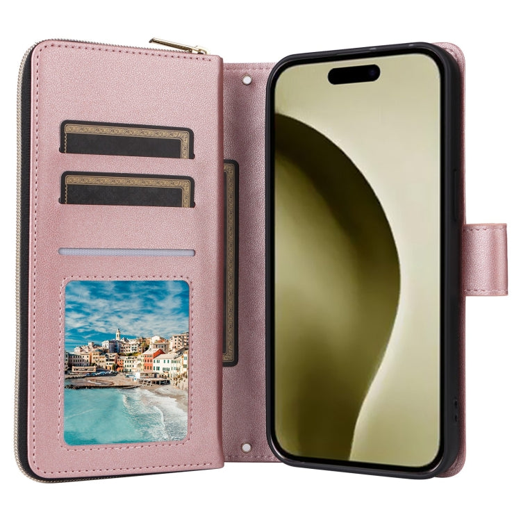 For iPhone 16 Pro Crossbody Rhombic Zipper Tower Buckle Leather Phone Case with Lanyard(Rose Gold)