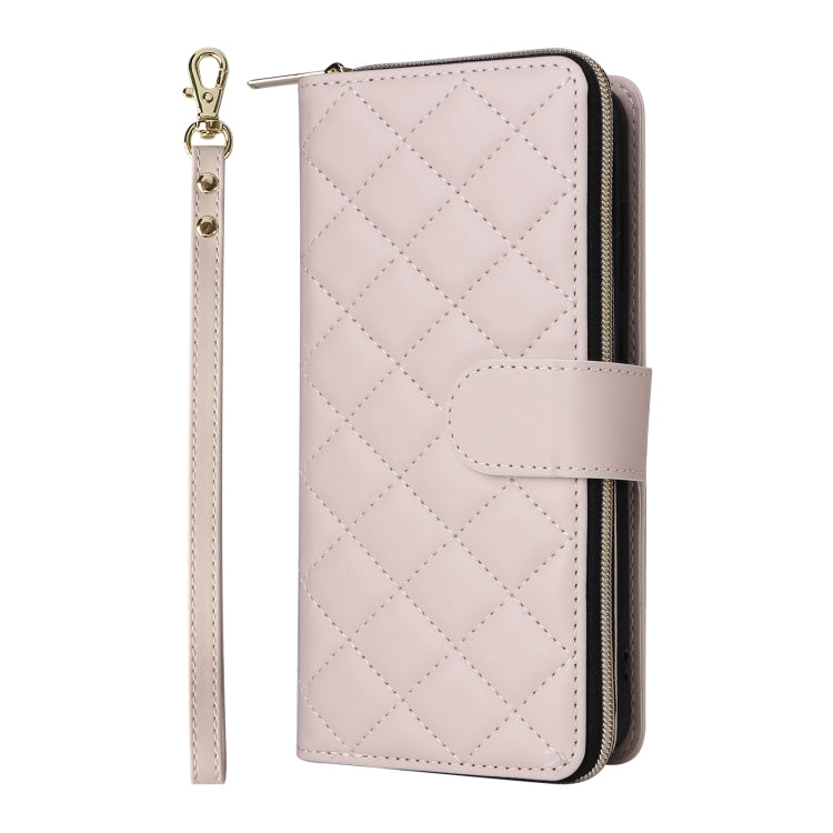 For Samsung Galaxy S24 FE 5G Crossbody Rhombic Zipper Tower Buckle Leather Phone Case with Lanyard(Beige)
